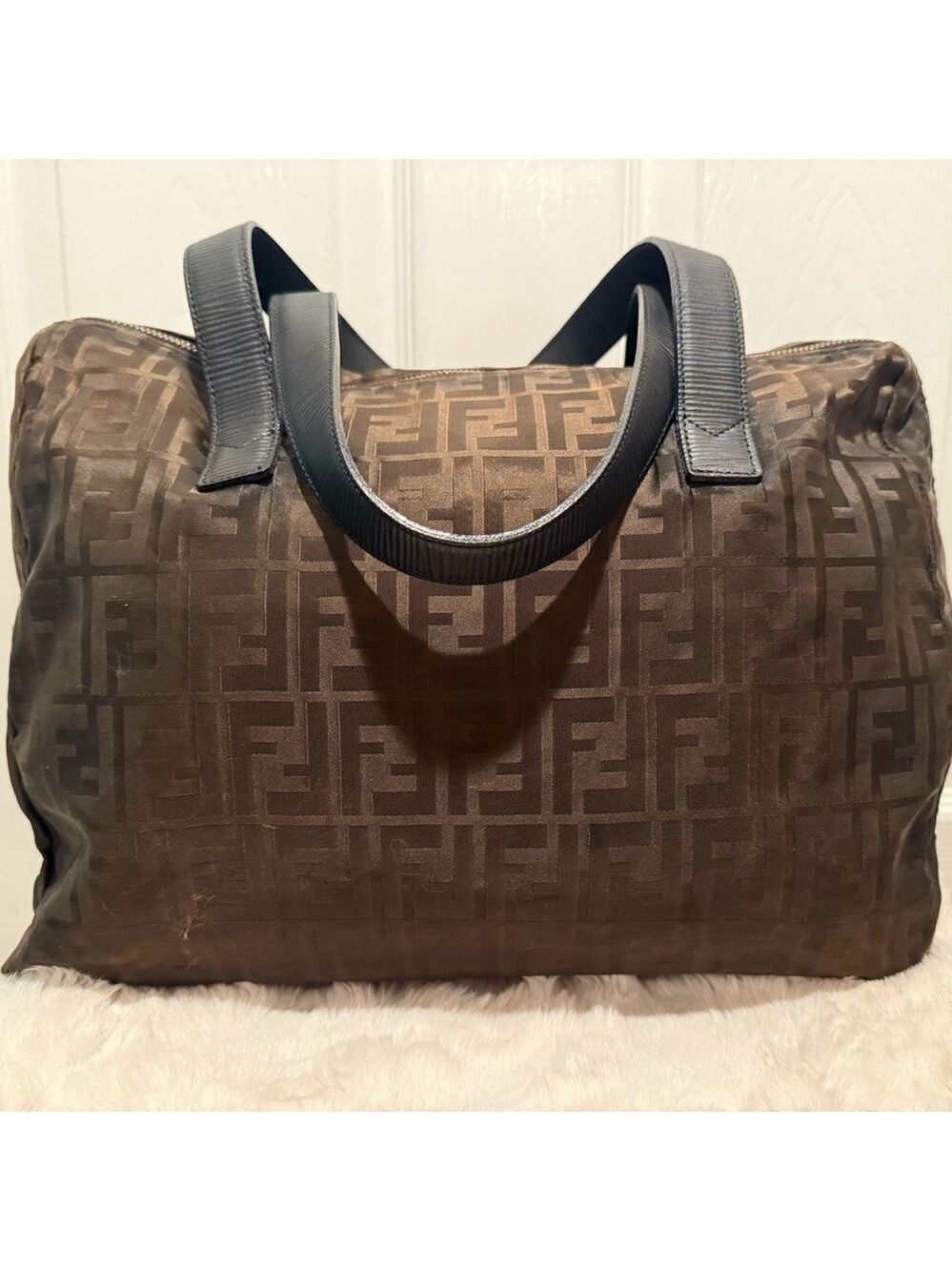 FENDI FF ZUCCA NYLON LEATHER MONOGRAM TRAVEL BAG TOTE PURSE UNISEX - Picture 3 of 16